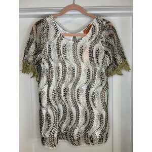 NEW Voom Joy Han Womens Metallic Gold Lace Embroidered Top White Medium Boho